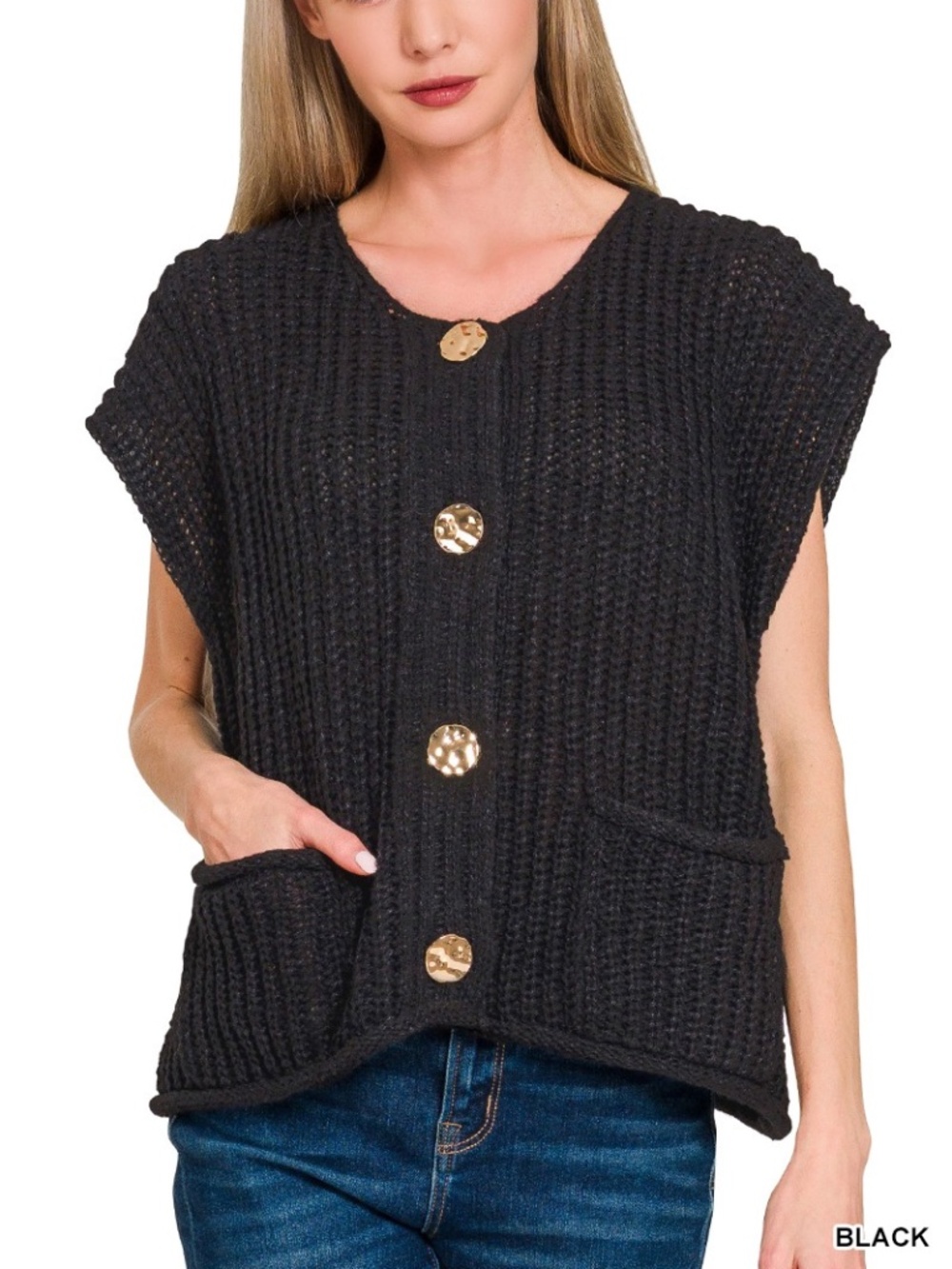 Cozy Black Ribbed Button Detail Sweater Vest - Picture 4 of 4